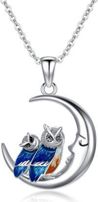 wholesale 925 Sterling Silver Blue Enamel Moon Owls Pendant Necklace for Women Girls-Owl Mother and Child Necklace