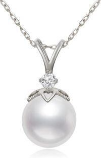 wholesale 14K Gold Freshwater Pearl 9mm Heart Pendant Necklace with Cubic Zirconia Accent - White Gold Tone Chain (18)-14k white gold