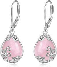 wholesale Sterling Silver Crystal Gemstone Filigree Teardrop Dangle Leverback Earrings-Rose Quartz