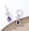 wholesale Sterling Silver Amethyst & Zircon Pear Dangle Earrings, 10x7mm Gemstone, 5A Zircon, 4.6g, Hypoallergenic, Gift for Women-0-4