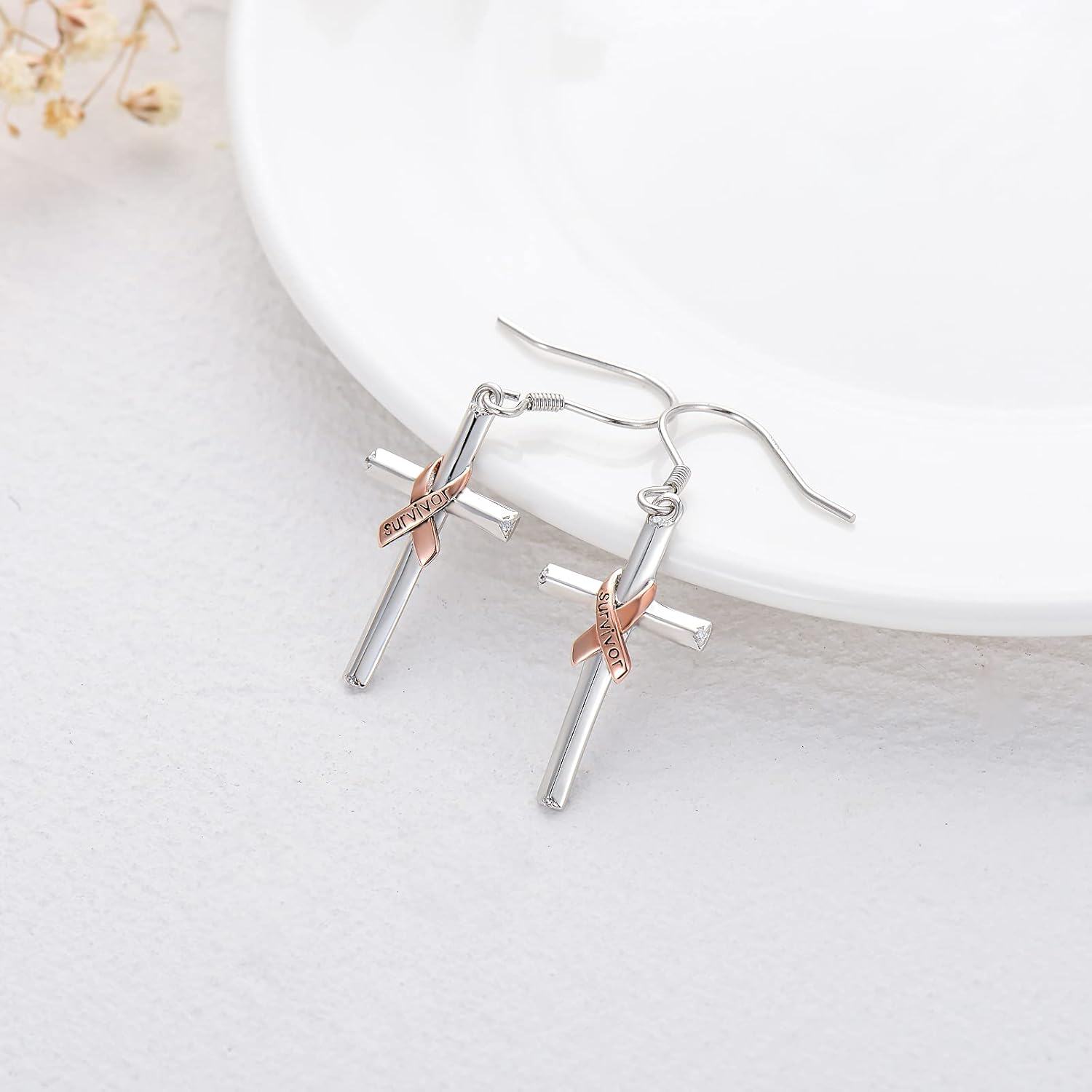 Sterling Silver Pink Stone Breast Cancer Awareness Ribbon Earrings for Survivors-Cross Ribbon