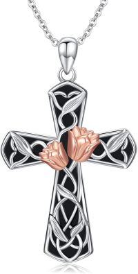 wholesale 925 Sterling Silver Rose Gold Plated Floral Cross Necklace for Women Men Catholic Christian Gifts-Tulip Cross