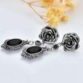 wholesale 925 Sterling Silver Gothic Punk Black Rose Stud Dangle Earrings with Onyx Gemstone Drops-0-2