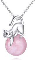 wholesale 925 Sterling Silver Pink Rose Quartz Cat Pendant Necklace for Women Girls -0-0
