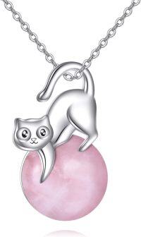 wholesale 925 Sterling Silver Pink Rose Quartz Cat Pendant Necklace for Women Girls -Quartz Cat Necklace