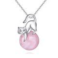 wholesale 925 Sterling Silver Pink Rose Quartz Cat Pendant Necklace for Women Girls -0-0