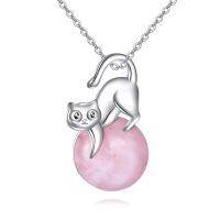 wholesale 925 Sterling Silver Pink Rose Quartz Cat Pendant Necklace for Women Girls -Quartz Cat Necklace