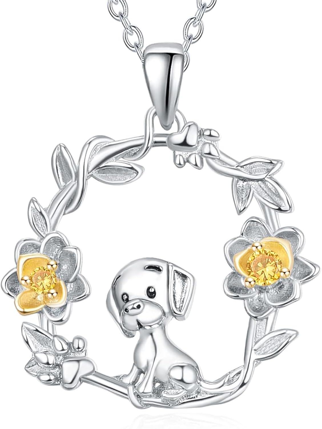 Sterling Silver Gemstone Cute Animal Flower Circle Necklace for Women Dog Fox Giraffe Unicorn Hummingbird Pendant Jewelry Gift -Dog