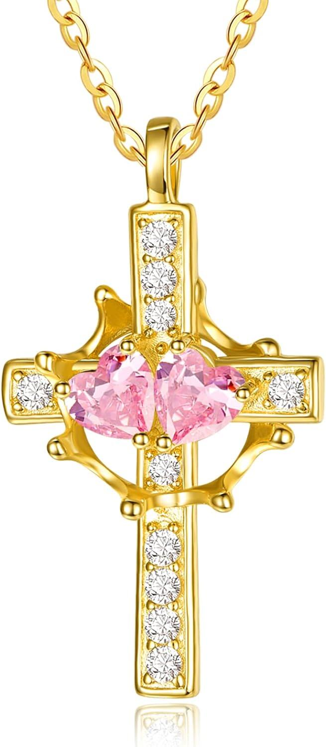 Sterling Silver Birthstones Gold Cross Necklace for Women -10-10-Oct-Oct-10-10-Oct-Oct