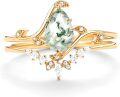 wholesale TOUPOP Natural Moss Agate Moissanite Wedding Ring Set For Women Pear Shaped Natural Moss Agate Ring Bridal Set 10k 14k 18k Solid Gold Engraved Egagement Anniversary Ring For Wife -0-0