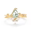 TOUPOP 10K 14K 18K Gold Natural Moss Agate Moissanite Pear Ring Set-0-0