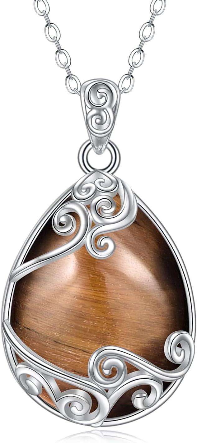 Sterling Silver Moonstone Filigree Teardrop Pendant Necklace for Women-EE-Tiger Eye Stone Filigree Necklace