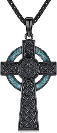 wholesale 925 Sterling Silver Turquoise Inlay Celtic Knot Cross Pendant Necklace  Norse Viking Jewelry for Men Women-Black-Turquoise