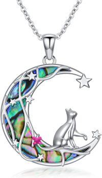 wholesale 925 Sterling Silver Moon & Star Pendant Necklace w/ Abalone Shell Stone - Cat Design s for Women-Cat and Moon