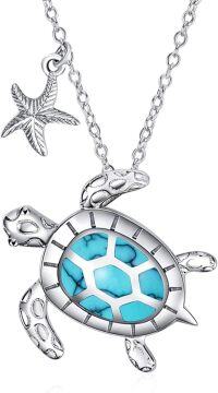 wholesale 925 Sterling Silver Starfish & Sea Turtle Pendant Necklace with Blue Stone Accents-A-Turquoise Seaturtle Necklace