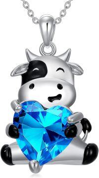 wholesale 925 Sterling Silver Cow Heart Pendant Necklace with Blue Crystal Stone for Women Girls  43cm Chain Length-Cow