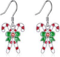 wholesale 925 Sterling Silver Red & White Striped Candy Cane Bow Dangle Earrings for Women-Candy Crutches Earrings