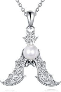 wholesale 925 Sterling Silver Bat Pendant with Pearl and Black Eyes - Halloween Gothic Witch Jewelry for Women-Bat pearl