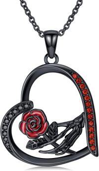 wholesale 925 Sterling Silver Blackened Skeleton Hand with Red Rose Heart Pendant Gothic Necklace-Halloween