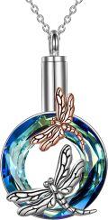 wholesale 925 Sterling Silver Blue Swarovski Crystal Dragonfly & Ladybug Keepsake Urn Pendant Necklace-0-0