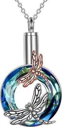 wholesale 925 Sterling Silver Blue Swarovski Crystal Dragonfly & Ladybug Keepsake Urn Pendant Necklace-Blue