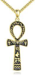 wholesale Gold 925 Sterling Silver Ankh Cross Pendant Necklace with Hieroglyphics and Symbols-0-0