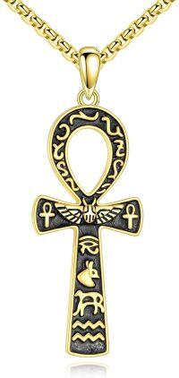 wholesale Gold 925 Sterling Silver Ankh Cross Pendant Necklace with Hieroglyphics and Symbols-Ankh