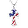 wholesale 925 Sterling Silver USA Flag Cross Pendant Necklace with Chain 4-Leaf Clovers Design-0-0