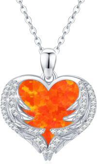 wholesale 925 Sterling Silver Orange Opal Heart with Wings Pendant Necklace - Dainty  for Women-Orange Opal Wings