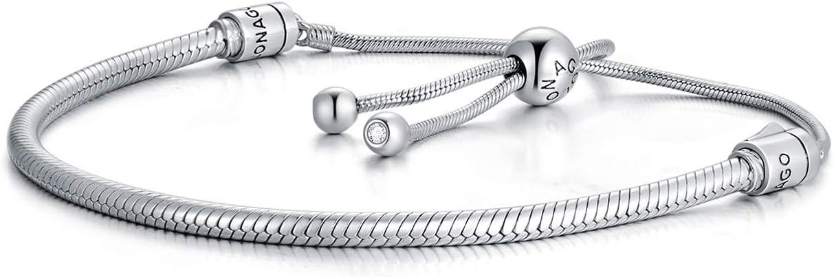 925 Sterling Silver Snake Chain Slide Lock Adjustable Length Snakeskin Beads Bracelet for Women's s-0-0