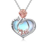 wholesale 925 Sterling Silver I Love You Mom Rose Heart Moonstone Zircon Pendant Necklace-I Love You Mom Necklace-Moonstone