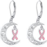 wholesale 925 Sterling Silver Pink Ribbon Cancer Awareness Crescent Moon Drop Earrings for Women-Pink