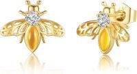 wholesale 14K Gold Honeybee Stud Earrings with Cubic Zirconia Minimalist Animal Jewelry for Women and Girls-Bee