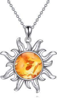 wholesale 925 Sterling Silver 13mm Amber Sun Pendant Necklace for Women, Inspiring Sun Symbol Jewelry Gift for Wife Mother Sister, Christmas Birthday Valentine's Day-yellow