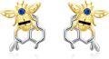 wholesale 925 Sterling Silver Honeycomb Bee Stud Earrings with Blue Crystal Eyes and Gold Accents-0-0