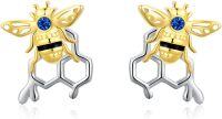 wholesale 925 Sterling Silver Honeycomb Bee Stud Earrings with Blue Crystal Eyes and Gold Accents-Honeycomb with Bee