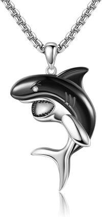 wholesale 925 Sterling Silver Black Shark Pendant Necklace with Cubic Zirconia Accent-Shark