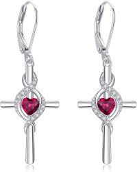 wholesale 925 Sterling Silver Birthstone Cross Dangle Earrings for Women-07-Jul-Created Ruby