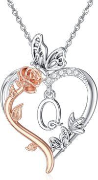 wholesale Sterling Silver Rose Heart Butterfly Initial Necklace for Women Anniversary Mother s Day Birthday Gift for Her Wife Girlfriend Mom-Q Initial