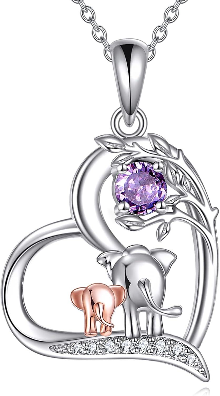  Sterling Silver Birthstone Elephant Pendant Necklace Cute Animal Jewelry Gift for Women Mom Wife -0-1