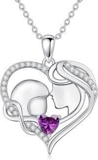 wholesale 925 Sterling Silver Birthstone Mother Love Heart Pendant Necklace-silver-2 Feb-Simulated Amethyst