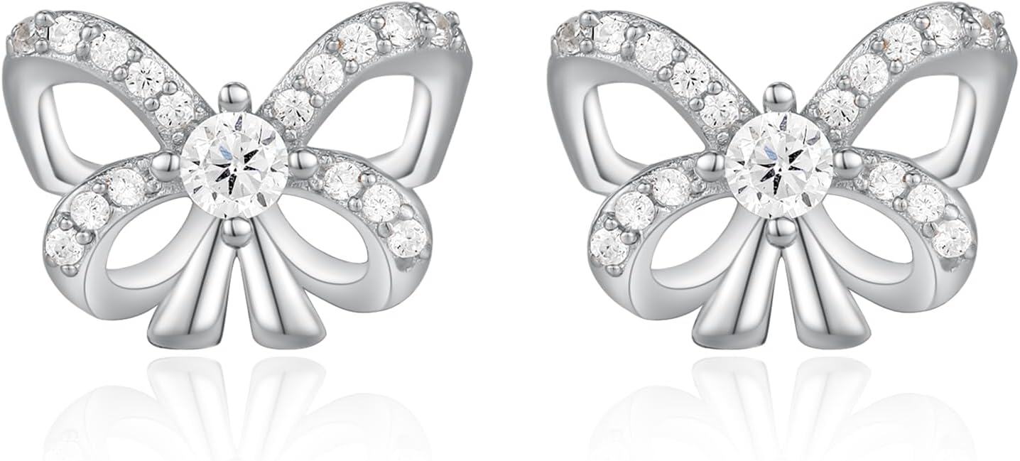  Metal Sterling Silver Stone Bow Stud Earrings for Women Ribbon Jewelry -0-1