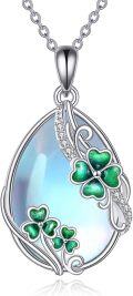 wholesale 925 Sterling Silver Teardrop Moonstone & Green Enamel Shamrock Pendant Necklace-0-0