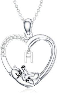 wholesale Silver Stone Cat Heart Necklace w Initial 26 Alphabets Gift-H
