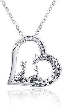 wholesale 925 Sterling Silver Mother and Baby Giraffes in Heart Shape Pendant Necklace for Women Mom Grandmother Gift-Oxidized Silver