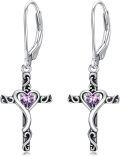 wholesale TOUPOP Birthstone Cross Earrings 925 Sterling Silver Heart Cross Dangle Drop Earrings Fine Jewelry Birthday Christmas Gifts For Women Her Girlfriend -0-0