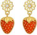 wholesale 925 Sterling Silver Strawberry Drop Earrings with Flower Topper and CZ Stone - Red Enamel Finish-0-0