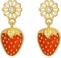 wholesale 925 Sterling Silver Strawberry Drop Earrings with Flower Topper and CZ Stone - Red Enamel Finish-Strawberry
