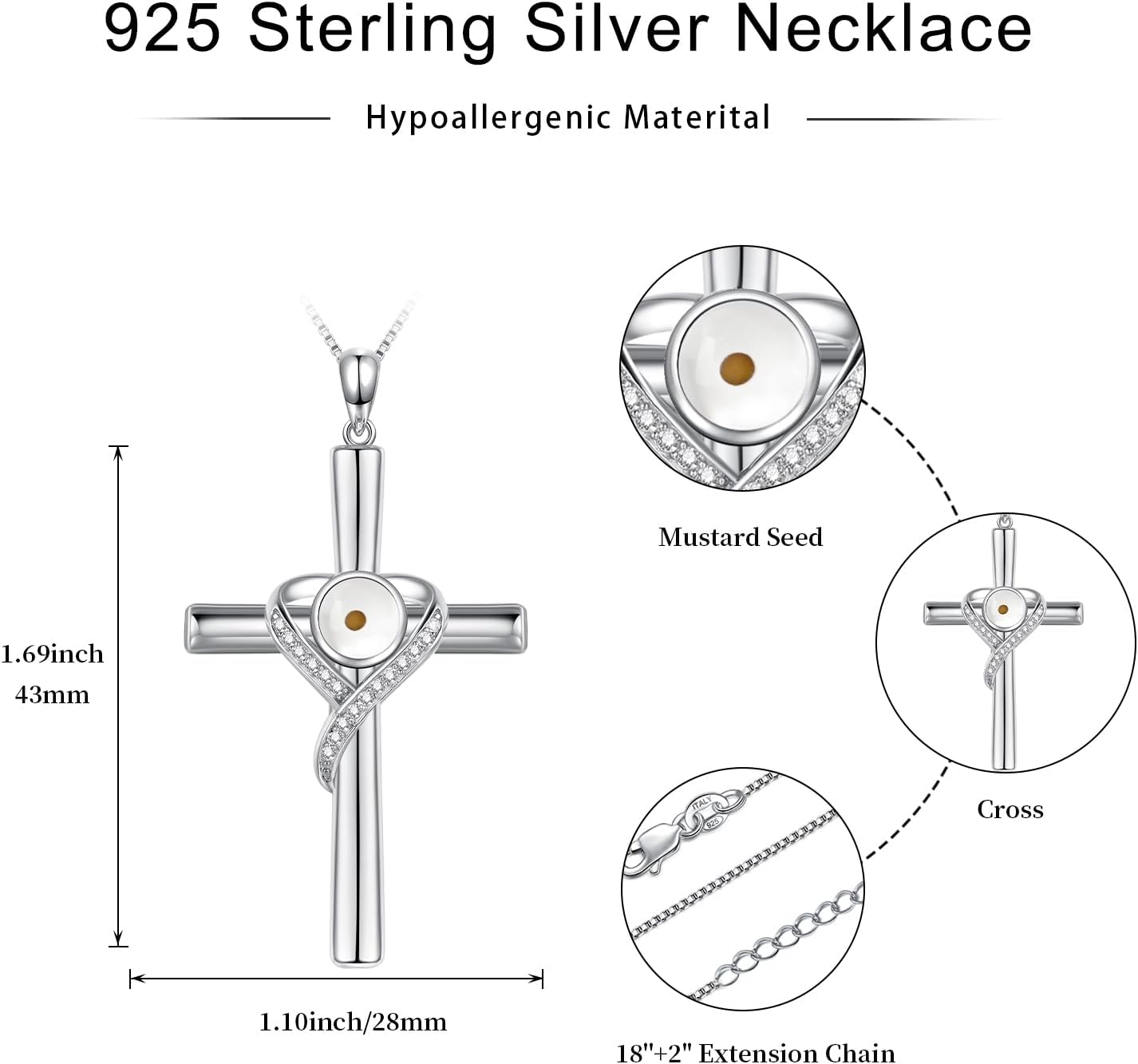 wholesale 925 Sterling Silver Cross with Mustard Seed and Cubic Zirconia Heart Pendant Necklace for Women Christian s-0-2