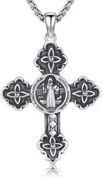 wholesale Sterling Silver Archangel Medals St Pendant Necklace for Men Women-12-St Benedict Cross(cross silver)